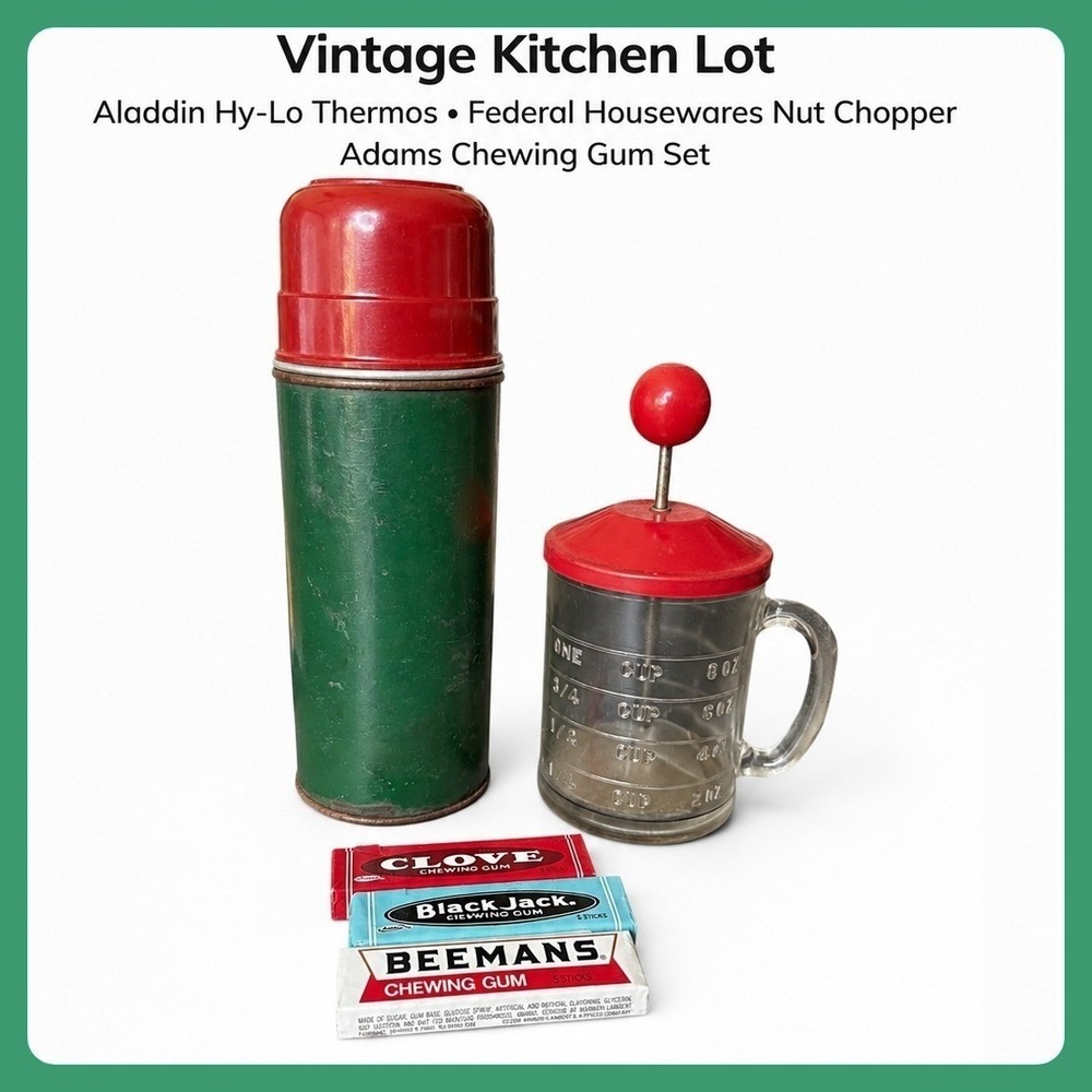 Vintage Aladdin Hy-Lo Thermos Federal Housewares Nut Chopper & Adams Gum Set